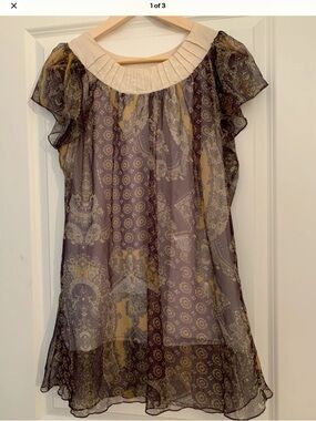 Pleated Yoke Sheer Paisley Tunic Blouse - Purple & Cream